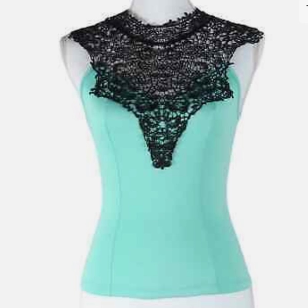 NWT Charlotte Russe Turquoise Top with Black Lace Detail Size S